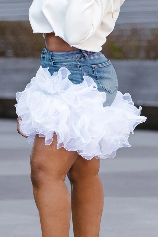 Plus Size Blue Casual Denim Tulle Pockets Skirt: Sexy High Waist Vintage Mini Skirt