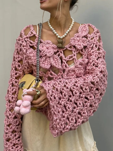 Elegant Women's Crochet Open Knit Sweater Floral Hollow Out Loose Cropped Pullover