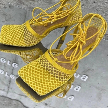 Fish Net Square Toe Heels Sandals Female Square Toe High Heel Lace Up High Heels