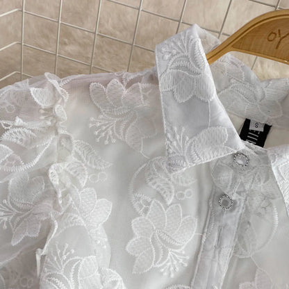 Women Vintage Lace White Dress Turn Down Collar Puff Sleeve Mini Dress