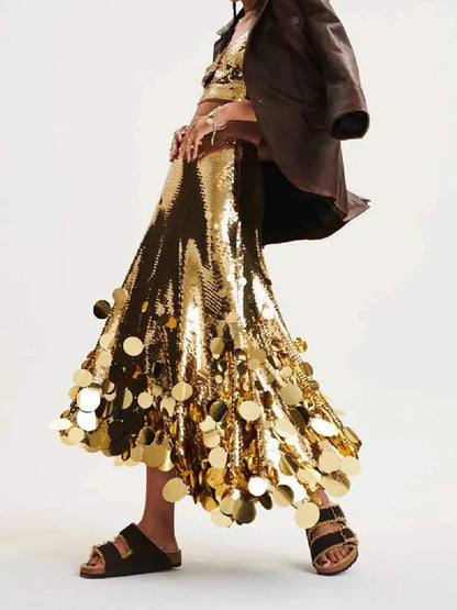 Solid Patchwork Sequins Chic Skirts For Women High Waist Zipper A Line Skirts