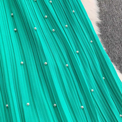 Summer Luxury Pearls Long Chiffon Dress For Women Loose Big Size Short Sleeve Crystal Birthday Evening Midi Pleated Dresses