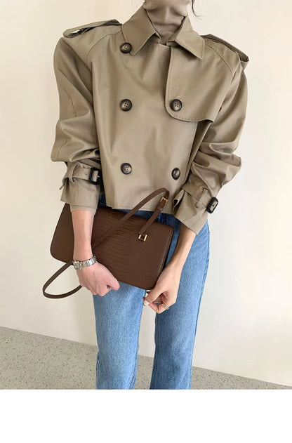 Vintage Double Breasted Crop Jacket Trench Jackets Women Loose Chic Windbreaker