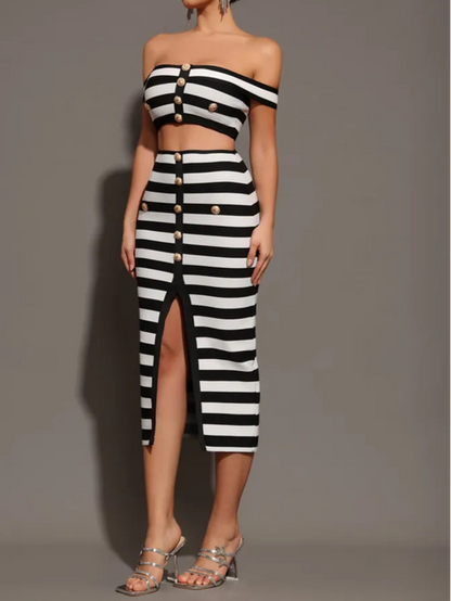 Women Off Shoulder Striped Button Two Piece Mini Bandage Skirt Set