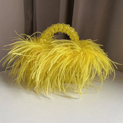 Pearl Bead Bag With Feather Fur Designer Brand Clear Acrylic Crystal Handbag Handmade