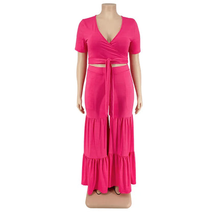 Plus Size Pants Sets Two Piece Outfits Summer Holiday Solid Bandage Top Wide Leg New Matching Suit