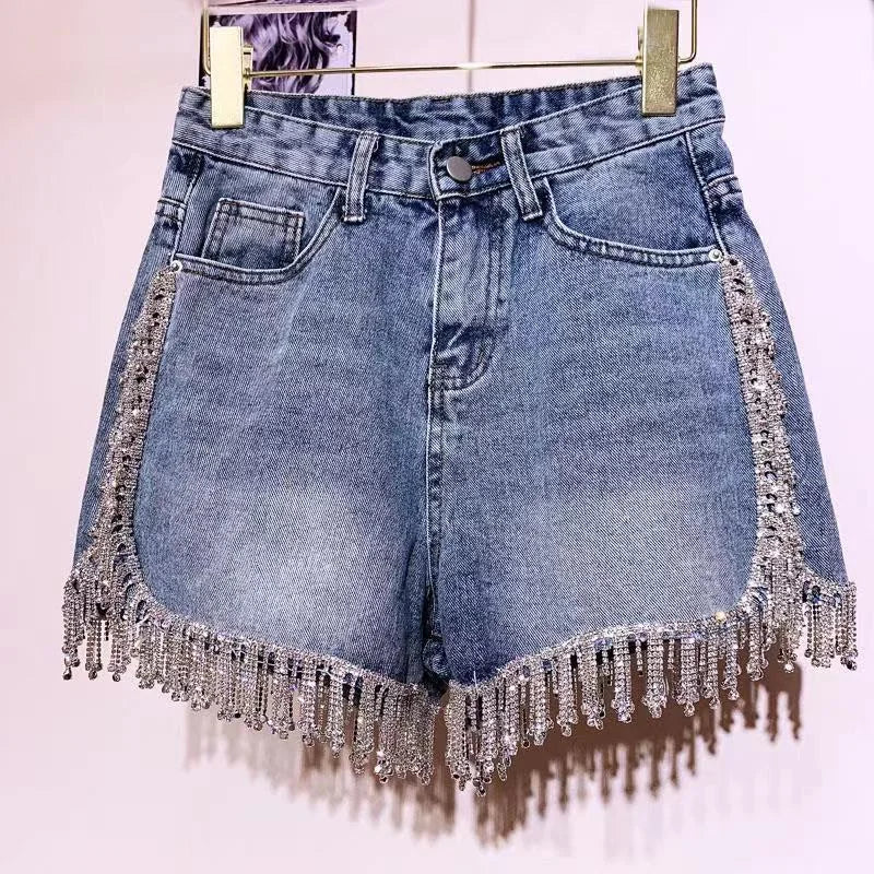 Rhinestones Fringed High Waist Hot Drilling Denim Shorts Diamonds Tassels Jeans Short