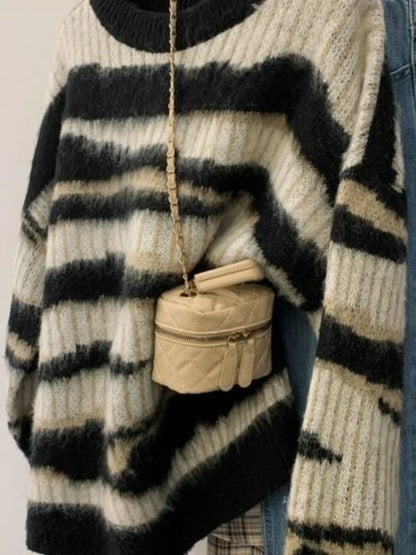 Striped Pullovers Women Clothing O-neck Casual Vintage Jumper Knitted Oversized Sweater