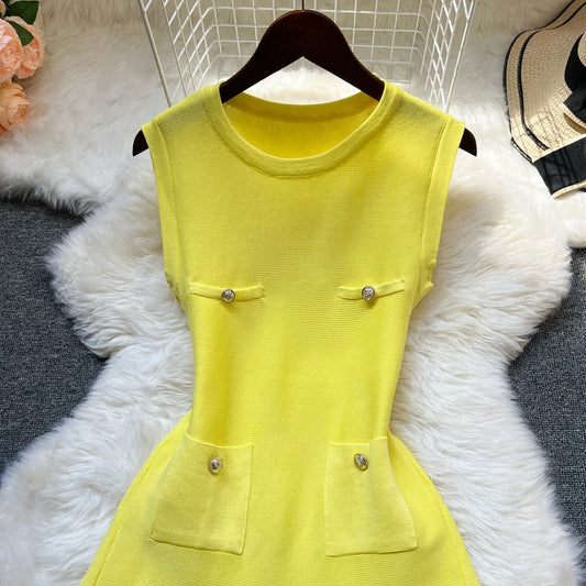 Chic Summer Pleated Short Dress Women O-neck Slim Waist A-line Party Mini Dress