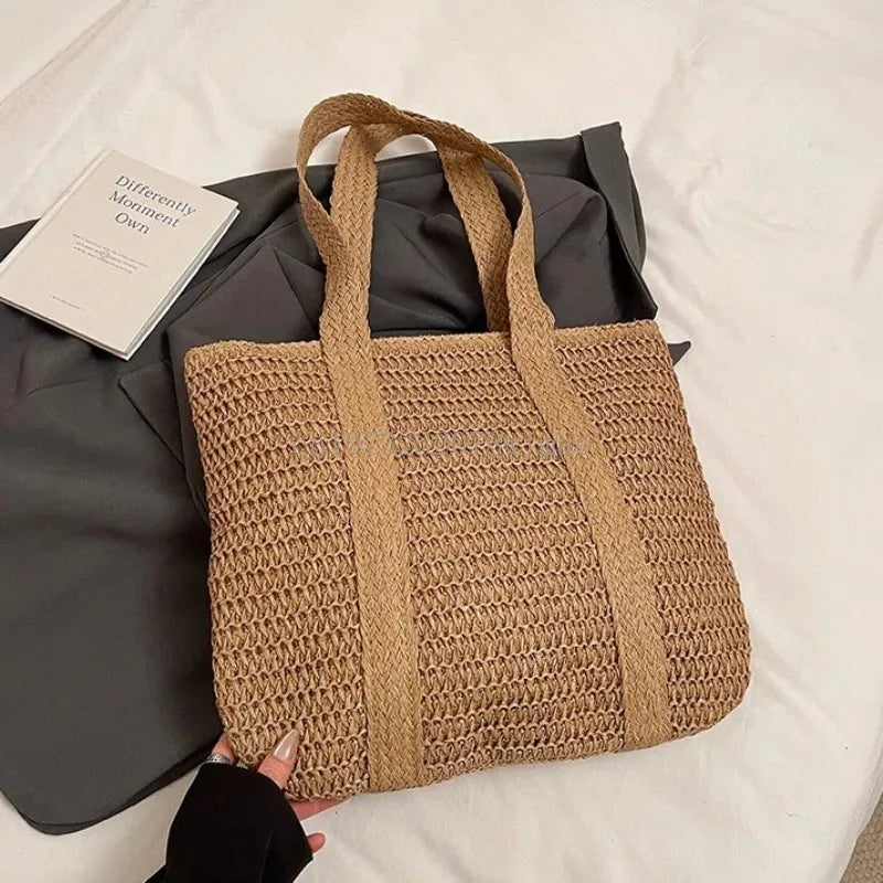 Women's Large Capacity Shoulder Bag Straw Woven Bag Letter Embroidery Handbag