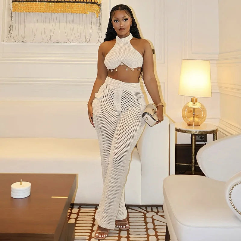Women's Two Piece Solid Color Neck Hanging Skirt Top with Hollow Pocket Pants Set