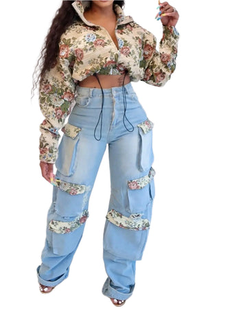 Women Denim Two Piece Set Casual Coat Top Cargo Pants Denim Sets Jeans Wide Leg Matching Suit Streetwear