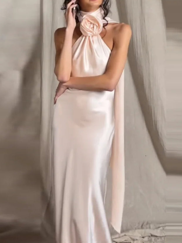 Bridesmaids Neck 3D Flower Backless Long Dress Women Purple Sleeveless Ribbon Draped Maxi Dress
