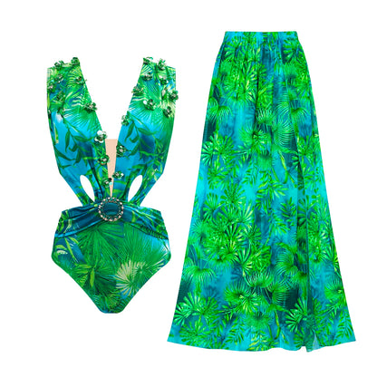 Women Swimsuit With Skirt High Waist Swimwear Cover-up Female Skirts Fashion Printed Dress Beachwear