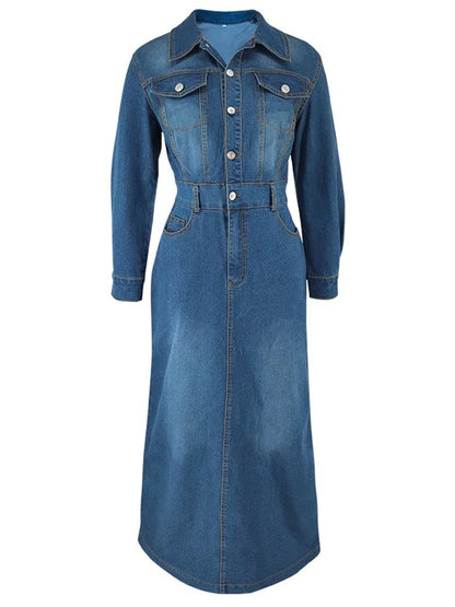 Denim Dress Women Sexy Button Bodycon Maxi Fashion Slip Hem Pockets Maxi Dressers