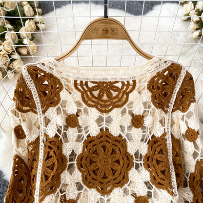Sunscreen Hook Summer Knit Top Women Elegant O Neck Hollow Out Lantern Sleeve Ladies Vacation Tassel Beach Blouse