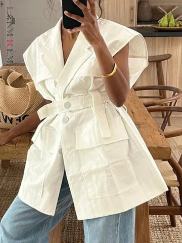 Sleeveless Blazer With Notched Pockets Belt Gathered Waist Solid Coat