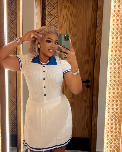 Mini Skirt Set Women Two Piece Sets Polo Collar Knit Shirt Tops Skirt Sets Casual Y2k
