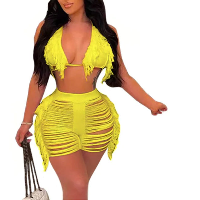 Women Fringe Tassel Bikini Shorts Set Hollow Out Jamaican Crochet Swimwear Summer Beach Knitted Cover Up Swimsuit