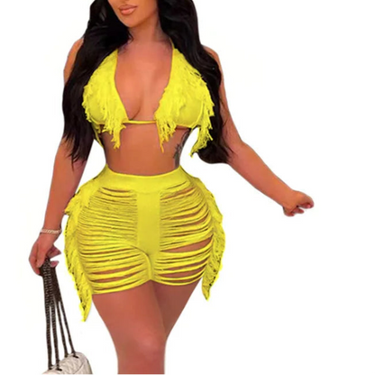 Women Fringe Tassel Bikini Shorts Set Hollow Out Jamaican Crochet Swimwear Summer Beach Knitted Cover Up Swimsuit