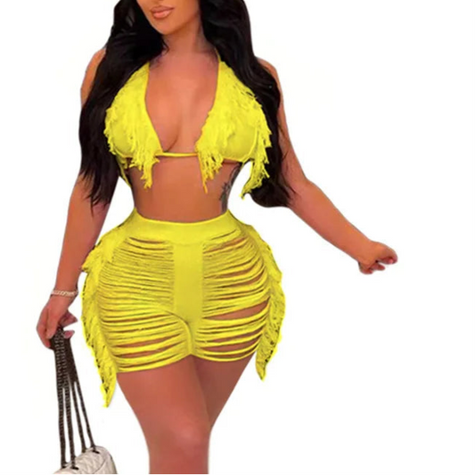 Women Fringe Tassel Bikini Shorts Set Hollow Out Jamaican Crochet Swimwear Summer Beach Knitted Cover Up Swimsuit