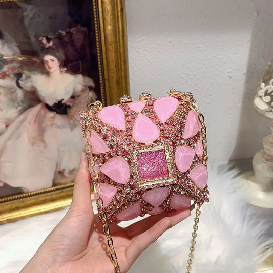Luxury Glitter Metal Box Women Handbag Crystal Clutch Purse