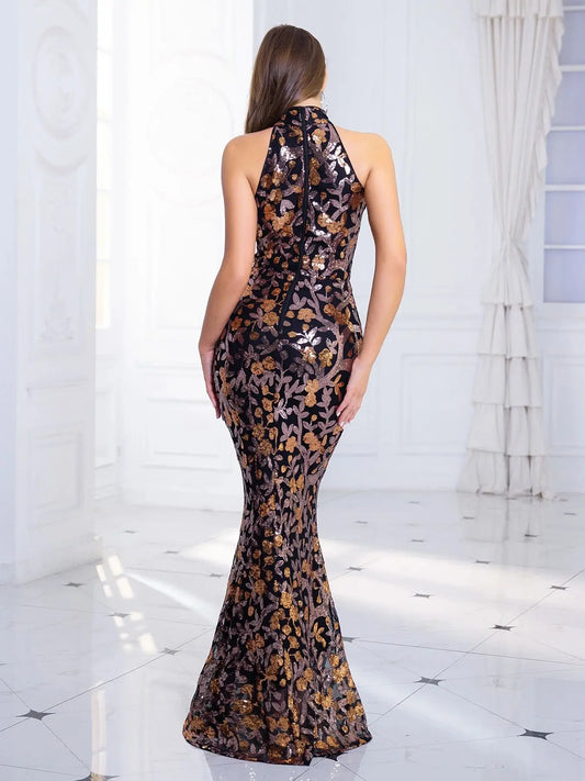 Sleeveless Bodycon Flowers Sequined Mermaid Evening Party Dress