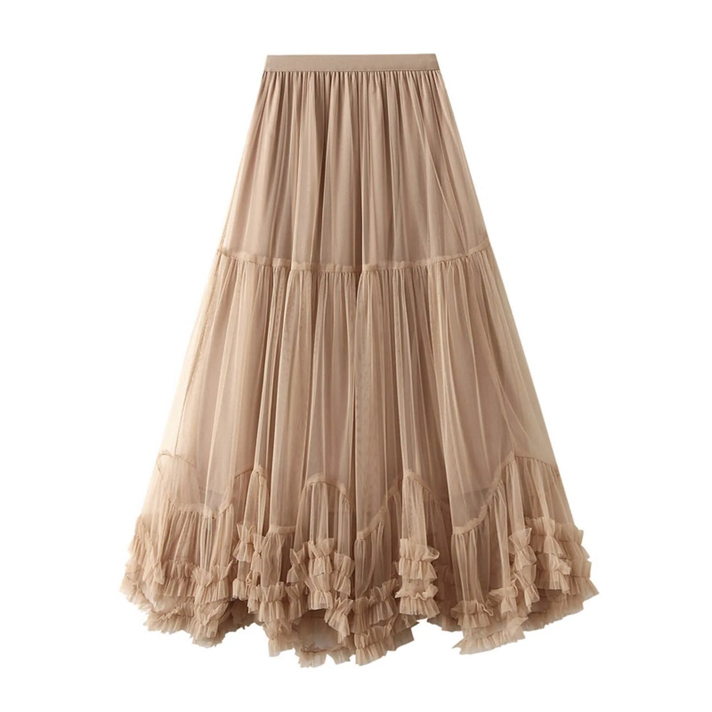 Skirts For Women Ladies A Line Layered Tulle Elastic Waist Midi Length High Waist Solid Mesh Skirt
