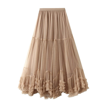 Skirts For Women Ladies A Line Layered Tulle Elastic Waist Midi Length High Waist Solid Mesh Skirt