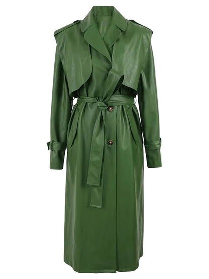 Long Green Pu Leather Trench Coat for Women with Back Slit Sashes Single Breasted