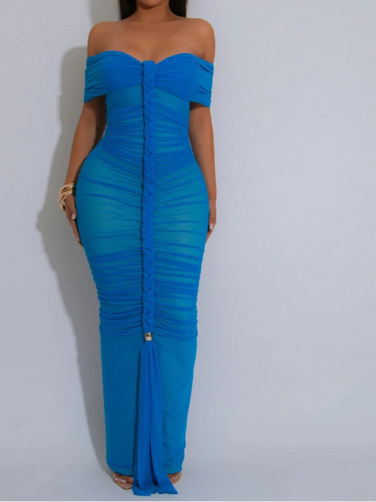 Luxe Goddess Mesh Maxi Dress Elegant Women's Off Shoulder Pleated Bandage Beach Vacation Dress