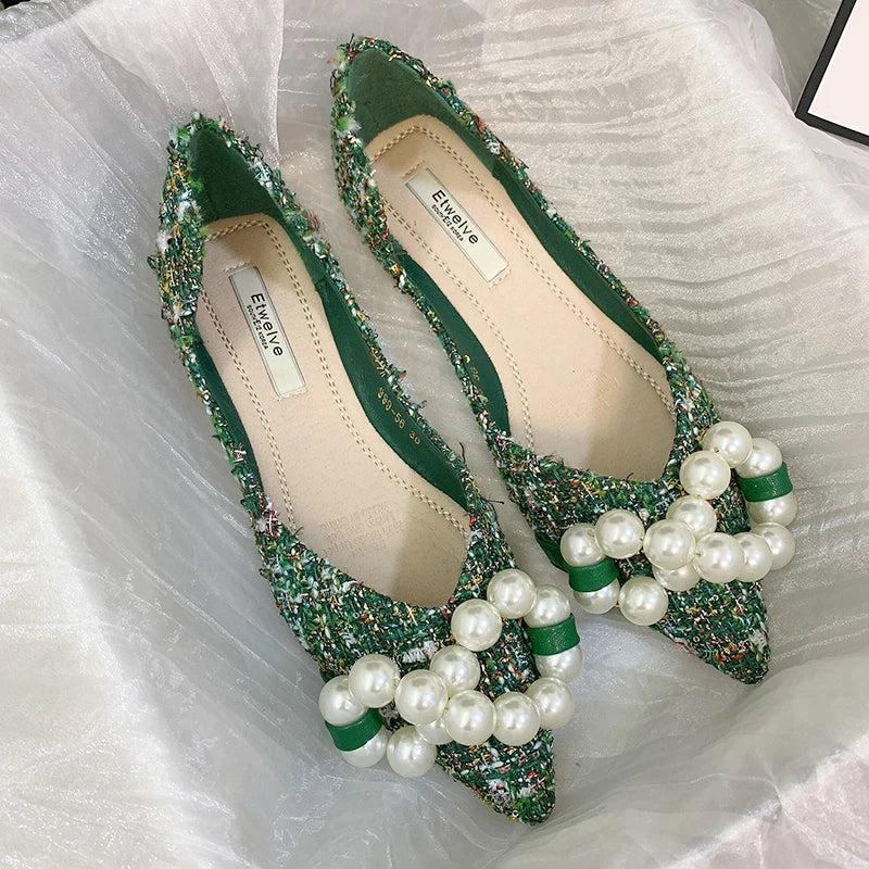 Flat Shoes for Women Big Pearls Green White Women Flats Casual Loafers