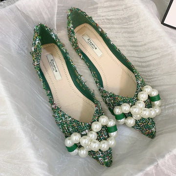 Flat Shoes for Women Big Pearls Green White Women Flats Casual Loafers