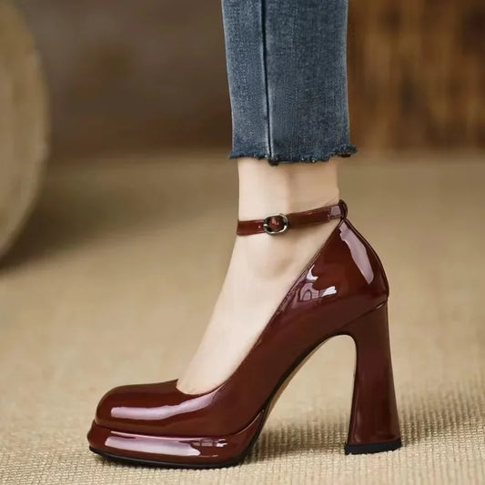 Thick Bottom High Heels for Women Solid Ankle Buckle Elegant Heeled Shoes