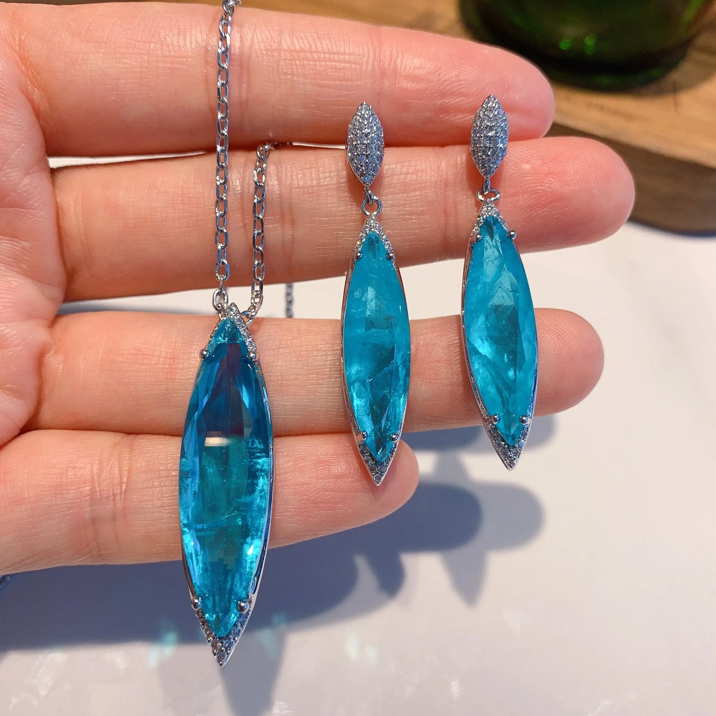 Blue Paraiba Crystal Gemstone Pendant Necklace Jewelry Set Gift for Women
