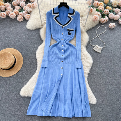 Women Polo Dress Single Breasted Pocket Design Bodycon Knitted Dress Sweater Midi Dress