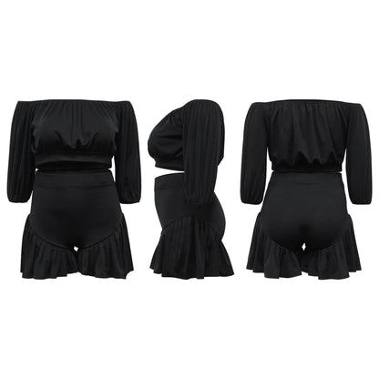 Plus Size Women's Set Long Sleeve Slash Neck T-Shirt and Shorts Summer Two 2 Piece Set