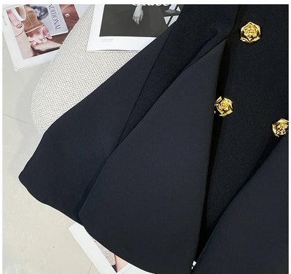 French Elegant Sleeveless A-Line Tunic Blouse Black Classic Gold Button
