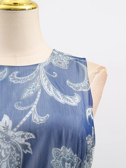 Colorful Print Ruffle Maxi Dress Spliced Lace Up Robe for Women Round Neck Sleeveless High Waist Patchwork Ruffles Dress