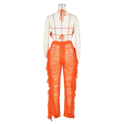 Tassel Knitted Pants Two Piece Set Resort Outfit Vacation Outfit Beach Cover Up