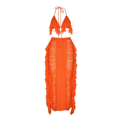 Sexy Elegant Hollow Out Knitted Tassel Wrap Hip Skirt Suit Women Vacation Beach 2 Piece Sets