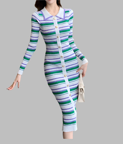 Stripes Knitted Dress Women Slim Elastic Bodycon Party Sweater Dresses
