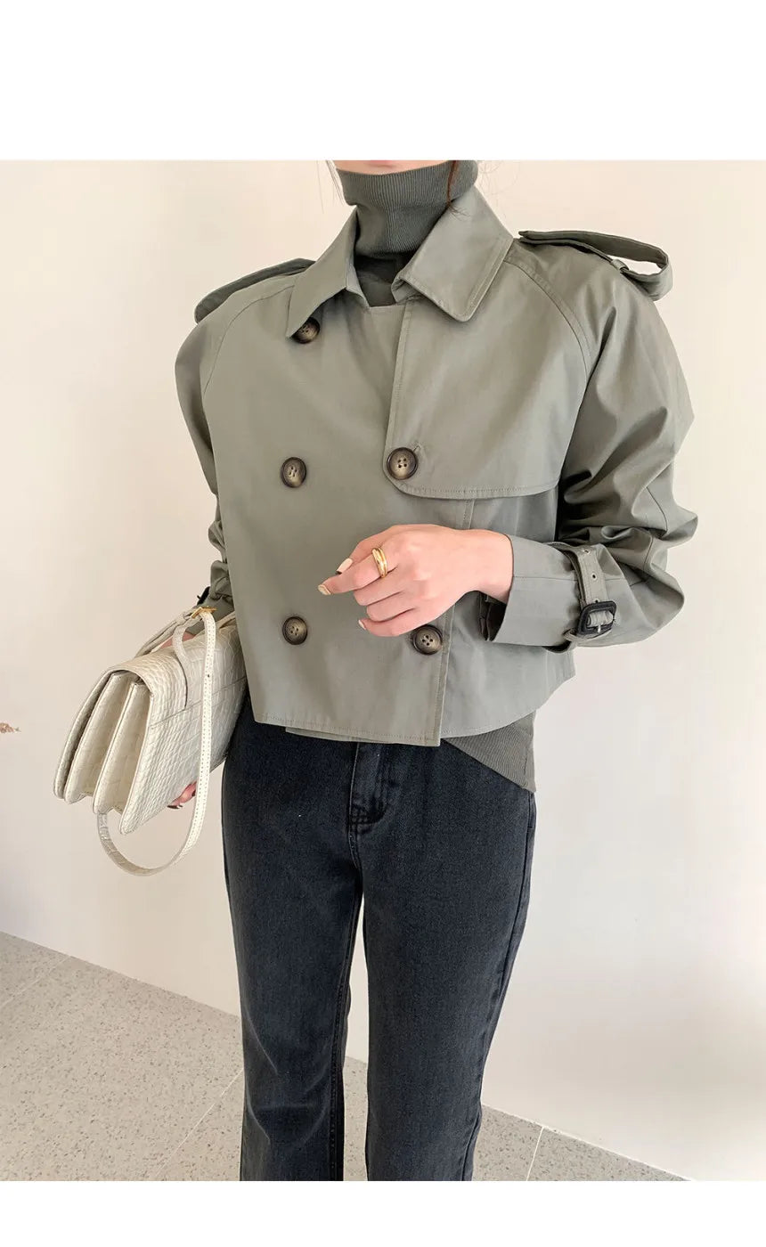 Vintage Double Breasted Crop Jacket Trench Jackets Women Loose Chic Windbreaker