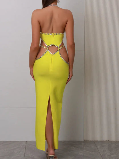 Sexy Backless Halter Beading Maxi Long Lemon Bandage Dress Cocktail Dress