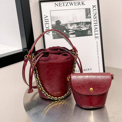 Retro Bucket Crossbody Bags For Women Oil-waxed Leather 2-IN-1 Chain Shoulder Bag
