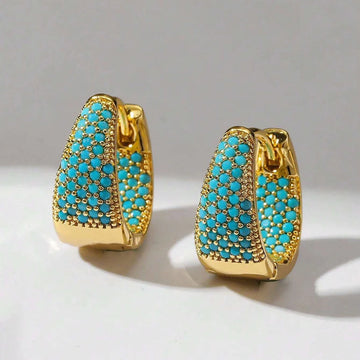Cubic Zirconia U Shaped Flower Turquoise Design Hoop Earrings For Women