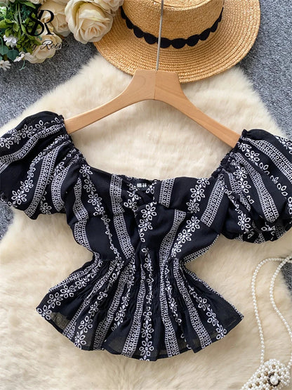 Jacquard Blouse Square Collar Puff Sleeves Elastic Slim Crop