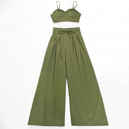 Sexy Zip Crop Camisole and High Waisted Drawstring Wide Leg Trousers 2 Piece Women Pants Suit Streetwear