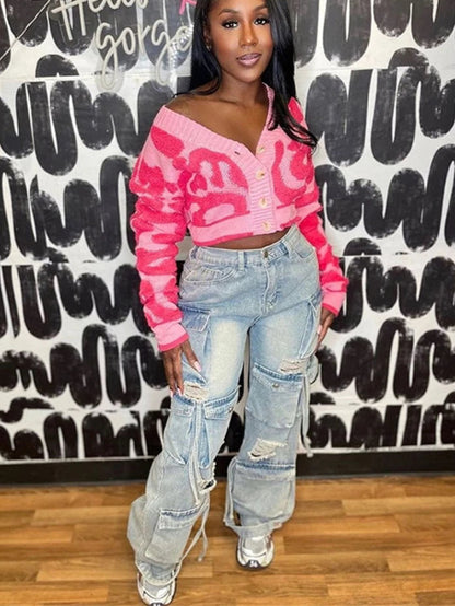 Women Bare Midriff Sweet Knitted Crop Cardigan  Girls Fleece Patchwork Warm Button Sweater
