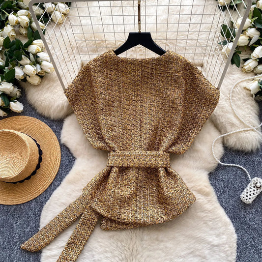 Vintage Sleeveless Elegant Shirt Women Elegant Gold Blouse